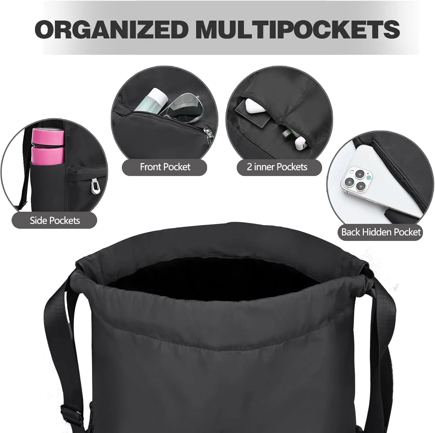 Drawstring Backpack with Wet Pocket Gym Backpack Water-Resistant Cinch String Bag Beach Swim for Women Men（Pure Black）