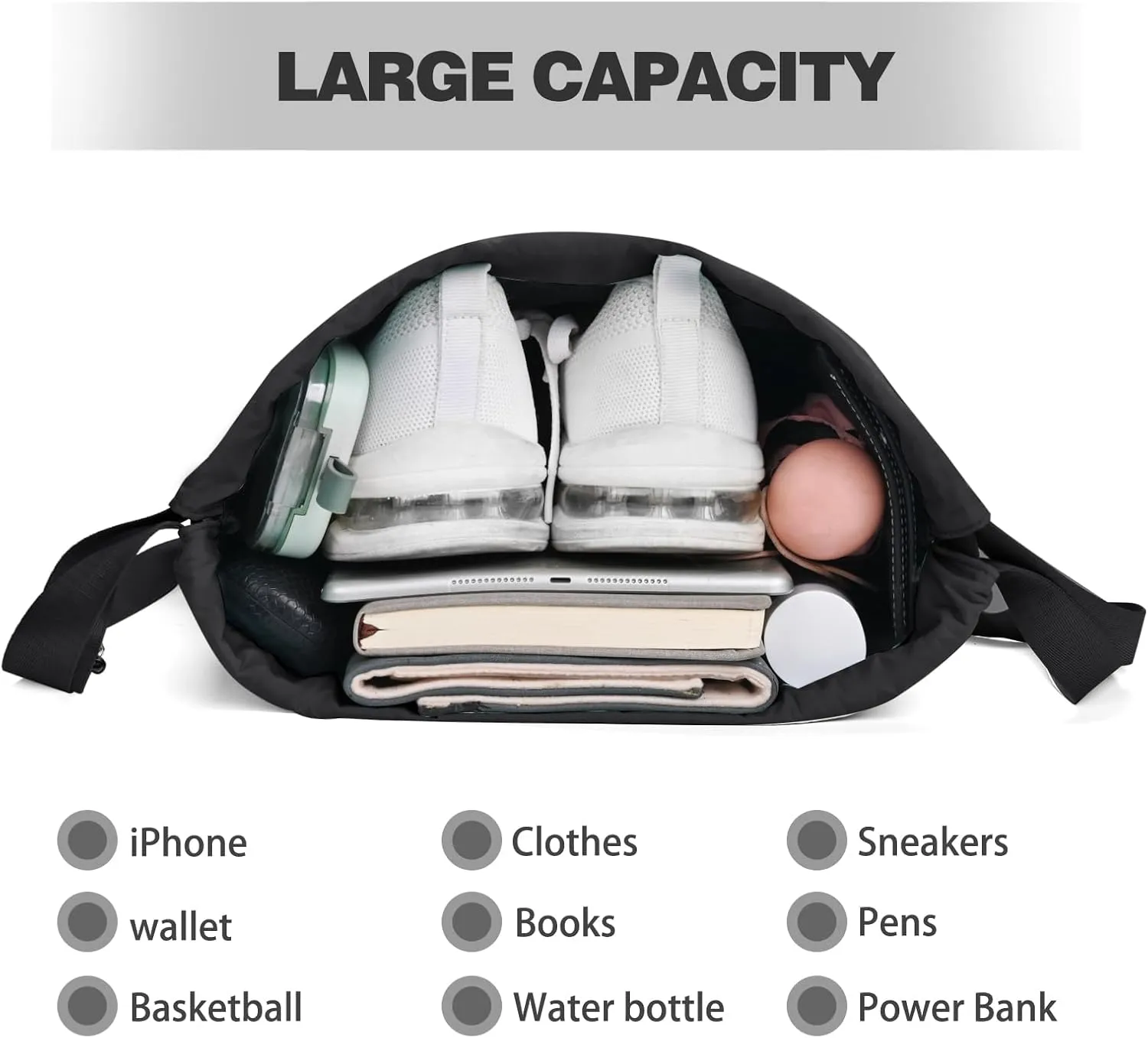 Drawstring Backpack with Wet Pocket Gym Backpack Water-Resistant Cinch String Bag Beach Swim for Women Men（Pure Black）