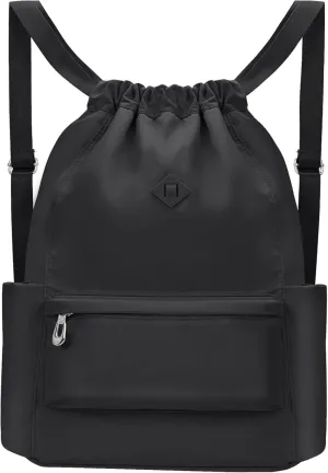 Drawstring Backpack with Wet Pocket Gym Backpack Water-Resistant Cinch String Bag Beach Swim for Women Men（Pure Black）
