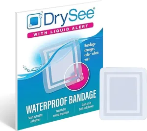 DrySee Waterproof Bandages 4x4 – Transparent Film Dressing with Moisture Indicators, Latex-Free, Safe for Showering & Swimming – Tattoo, Post-Surgery, Blister & Wound Seal Care – 4 Pack