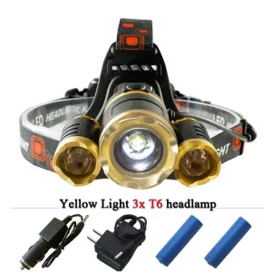 Dual light source headlamp 3T6 White light yellow light XML 3T6 led headlight rechargeable 18650 battery flashlight head torch