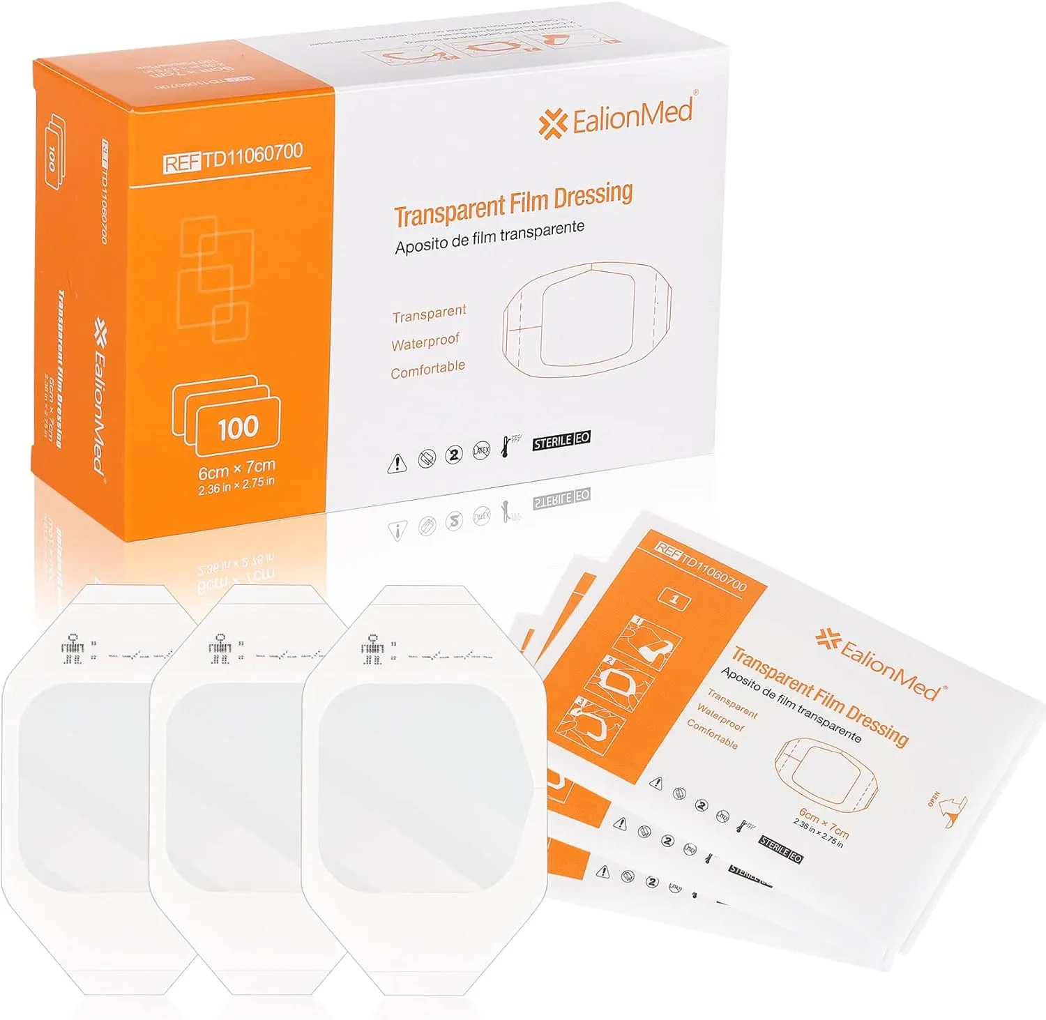 EalionMed Transparent Film Dressing, Waterproof Wound Bandage, Adhesive Patch, 2.75'' W X 2.36'' L, 100 Pack, Clear, Breathable, Comfortable, Shower Shield, Tattoo Aftercare.