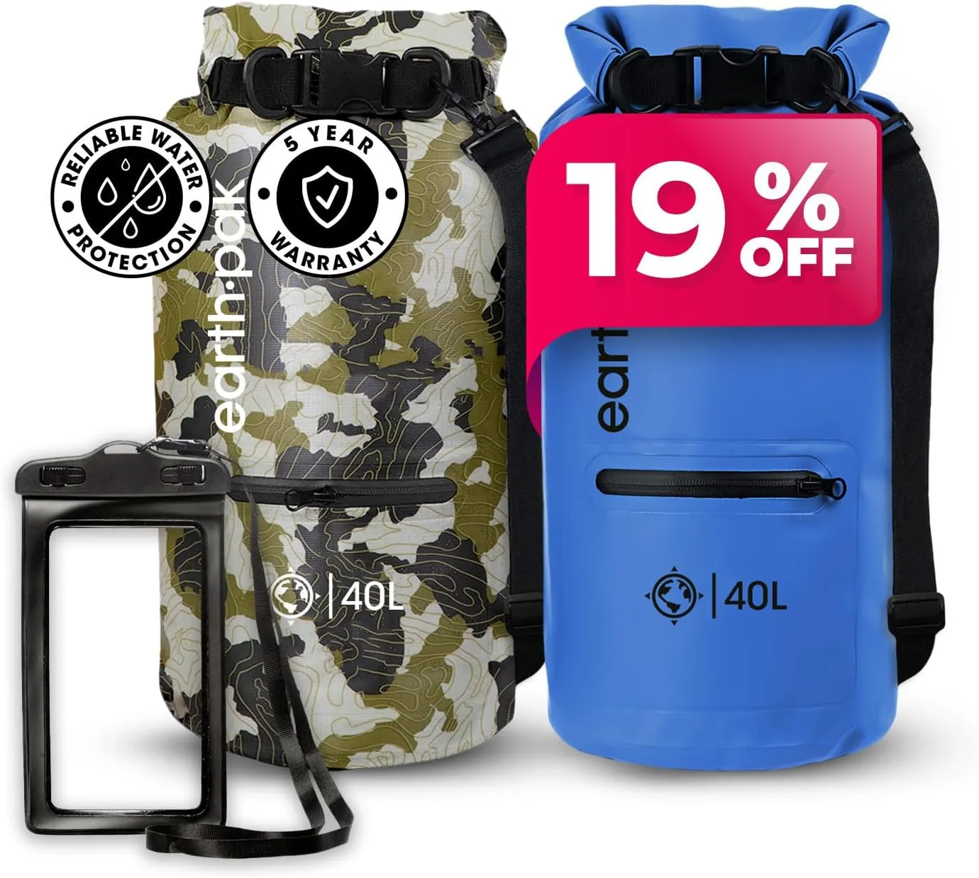 Earth Pak Waterproof Dry Bag with Zippered Pocket - Waterproof Dry Bag Backpack Keeps Gear Dry for Boating, Camping, Fishing, Beach Drybag, Kayak Accessories - Dry Bags Waterproof with Phone Case