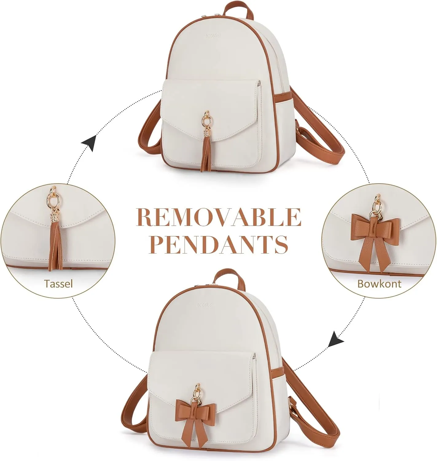 ECOSUSI Women Backpack Purse Water Resistant PU Leather Backpack Fashion Rucksack Ladies College Daypack with Tassel,2 Pcs