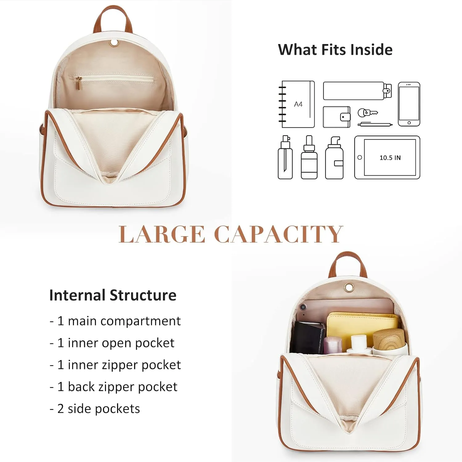 ECOSUSI Women Backpack Purse Water Resistant PU Leather Backpack Fashion Rucksack Ladies College Daypack with Tassel,2 Pcs