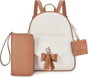 ECOSUSI Women Backpack Purse Water Resistant PU Leather Backpack Fashion Rucksack Ladies College Daypack with Tassel,2 Pcs