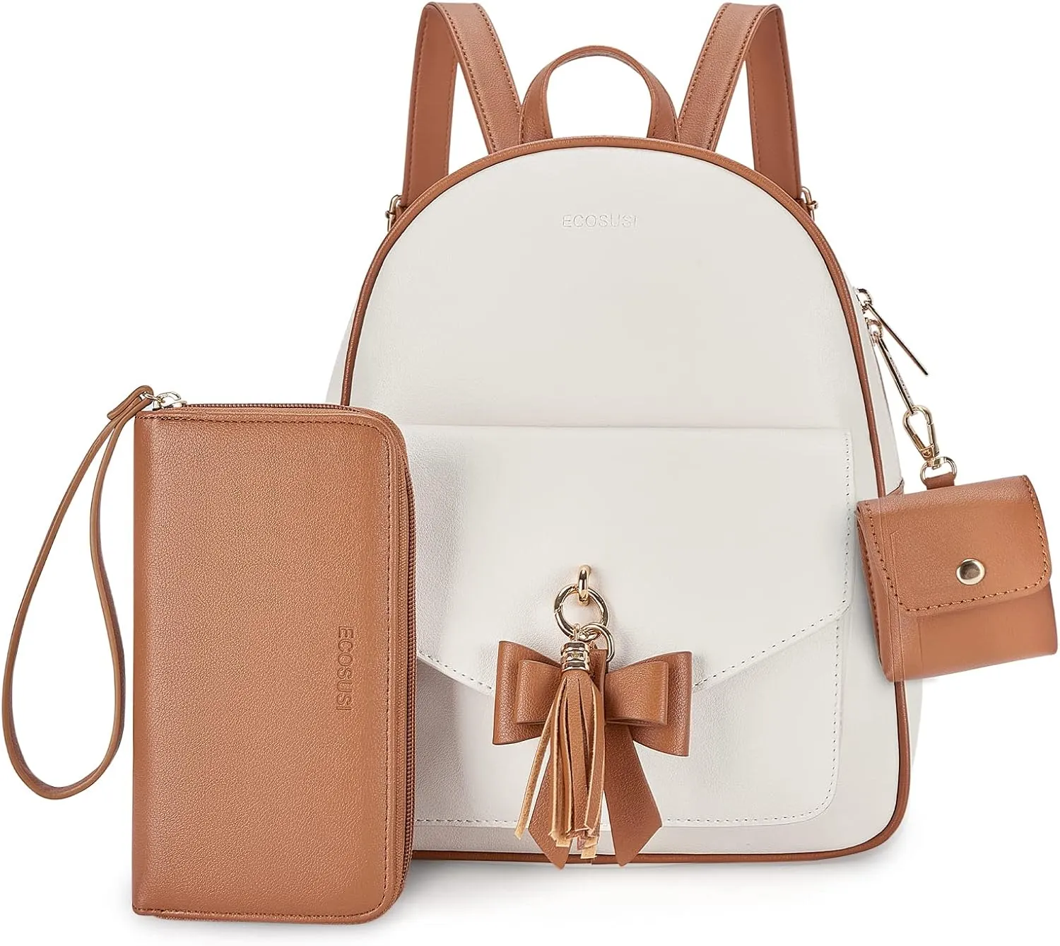 ECOSUSI Women Backpack Purse Water Resistant PU Leather Backpack Fashion Rucksack Ladies College Daypack with Tassel,2 Pcs