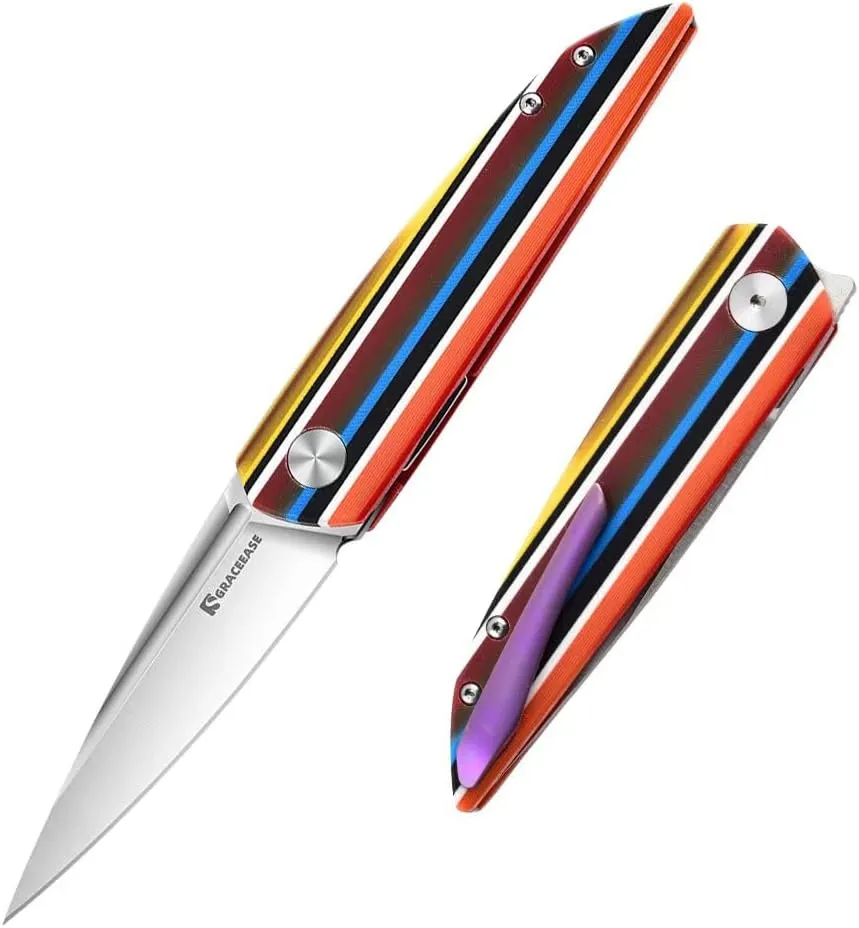 EDC Folding Pocket Knife Colored G-10 Handle, 3.15 ″ D2 Steel Folding Knife, Titanium Alloy Deep Back Clip, Suitable for Outdoor Camping, Daily EDC, Men's and Women's Gifts