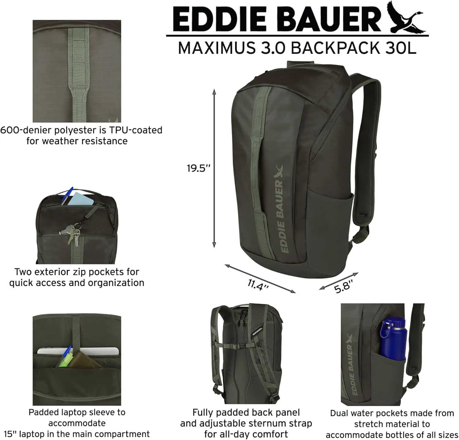 Eddie Bauer Maximus Backpack | Hiking | Outdoor Gear | Travel | Lightweight | Water-Resistant | Durable | Rugged, Black, 30L
