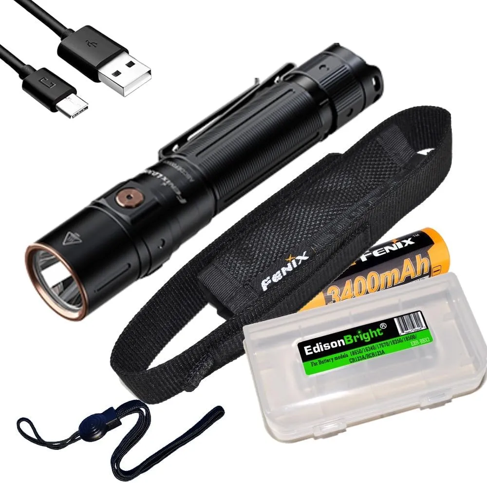 EdisonBright Fenix LD30R 1700 Lumen USB Rechargeable Light Weight LED Flashlight, Battery Battery Carrying case Bundle