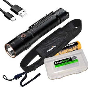 EdisonBright Fenix LD30R 1700 Lumen USB Rechargeable Light Weight LED Flashlight, Battery Battery Carrying case Bundle