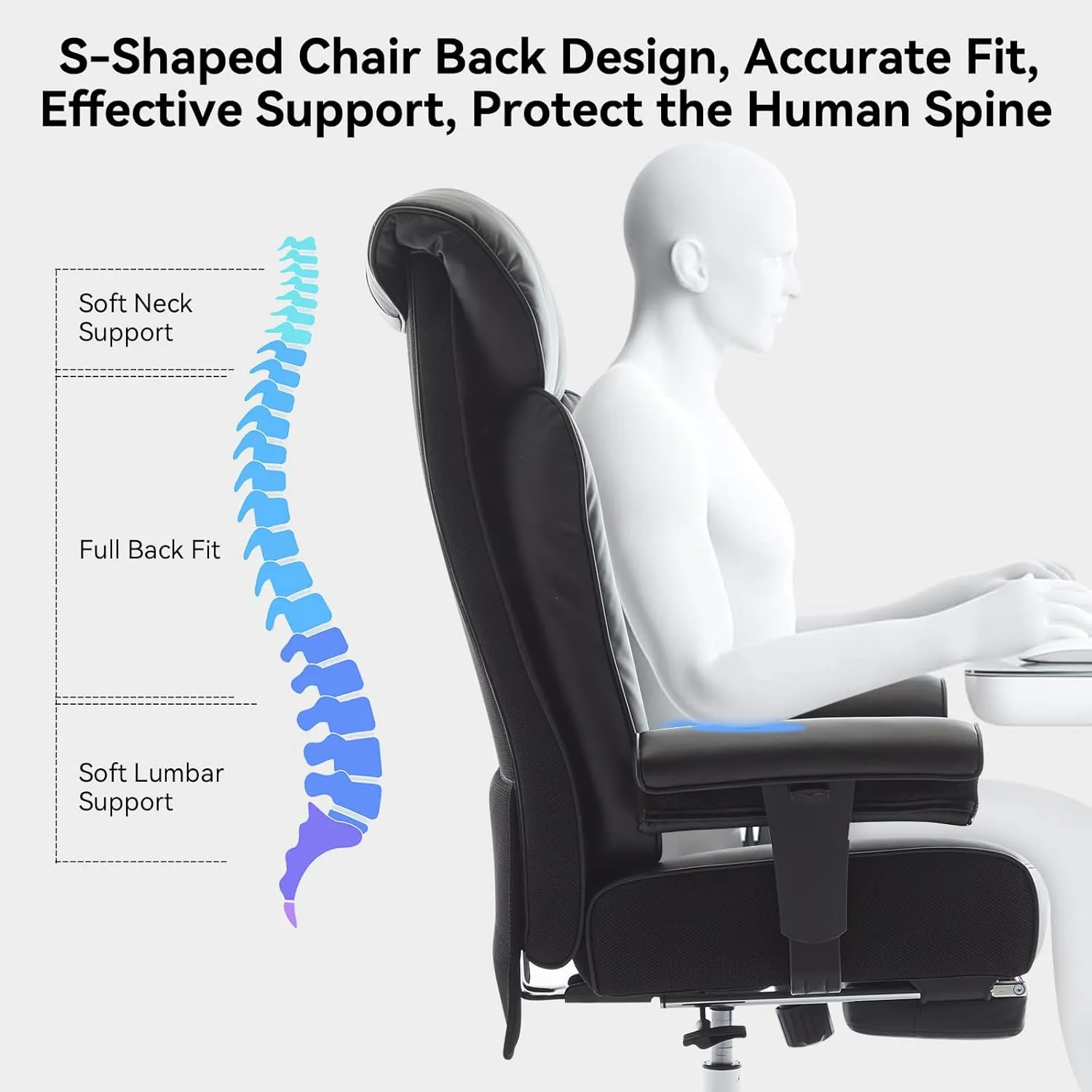 Efomao Big Tall Ergonomic Office Chair 450LBS with Foot Rest, High Back PU Leather Executive Chair with Adjustable Padded Armrests, Lumbar Support for Home or Work, Heavy Duty Computer Chair, Black