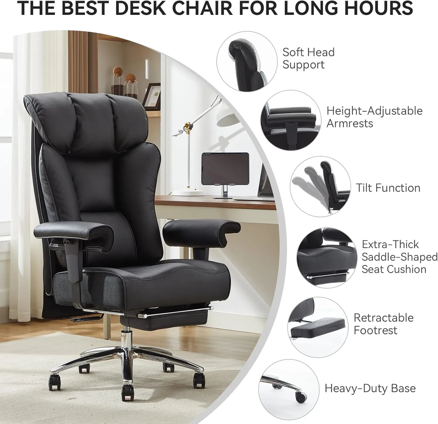 Efomao Big Tall Ergonomic Office Chair 450LBS with Foot Rest, High Back PU Leather Executive Chair with Adjustable Padded Armrests, Lumbar Support for Home or Work, Heavy Duty Computer Chair, Black