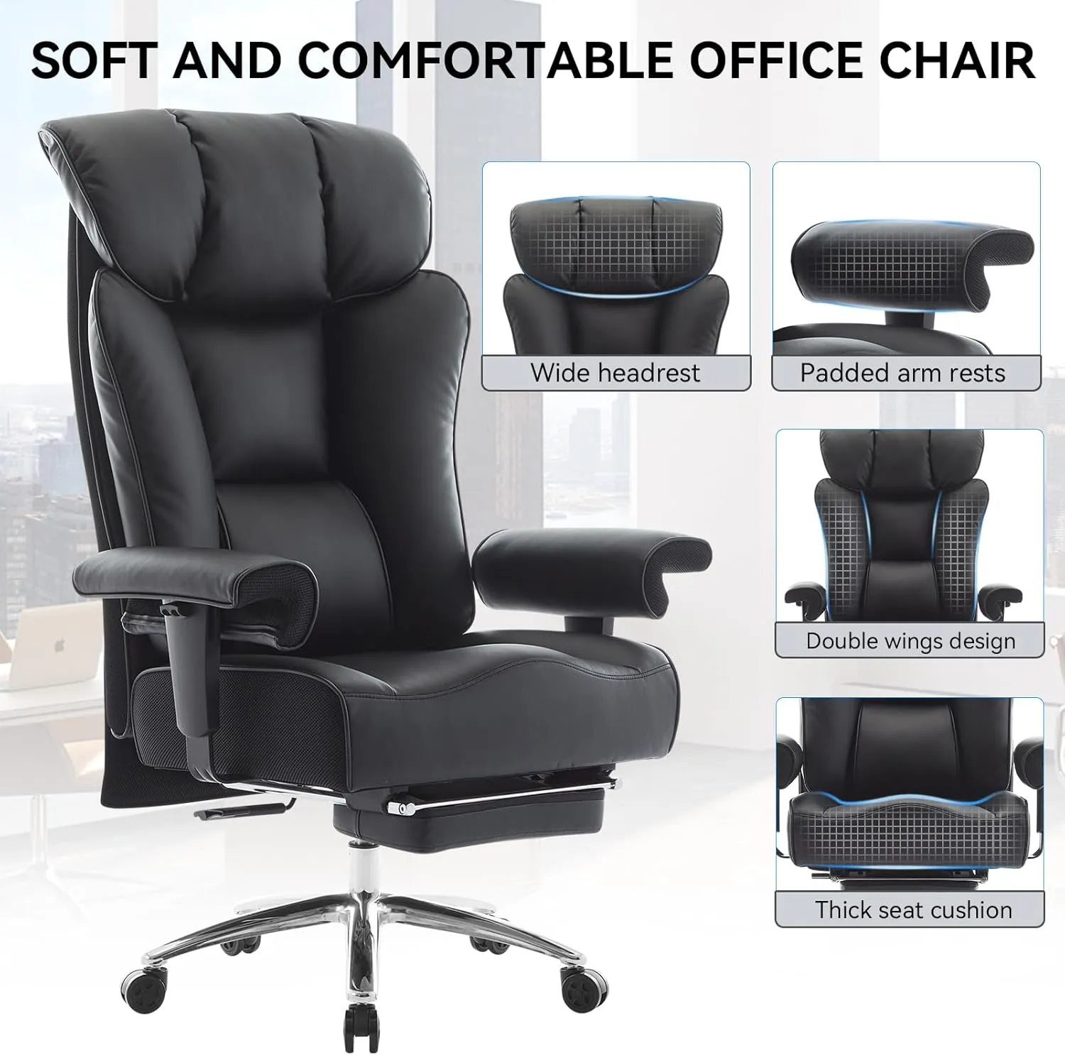 Efomao Big Tall Ergonomic Office Chair 450LBS with Foot Rest, High Back PU Leather Executive Chair with Adjustable Padded Armrests, Lumbar Support for Home or Work, Heavy Duty Computer Chair, Black