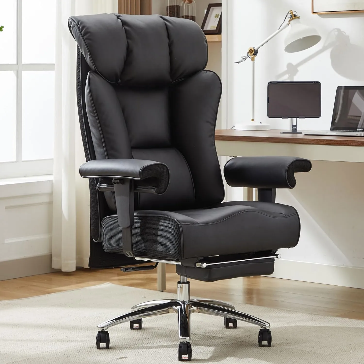 Efomao Big Tall Ergonomic Office Chair 450LBS with Foot Rest, High Back PU Leather Executive Chair with Adjustable Padded Armrests, Lumbar Support for Home or Work, Heavy Duty Computer Chair, Black
