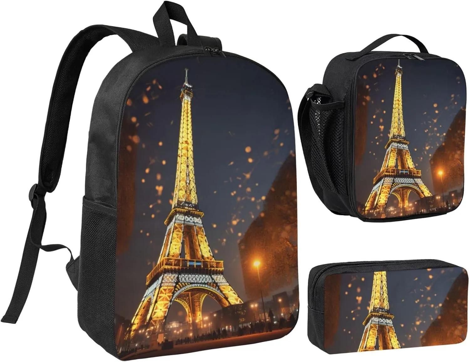 Eiffel Tower print Backpack 3pcs Set Including 17 Inch Large BookBag With Lunch Bag And Practical Pen Bag