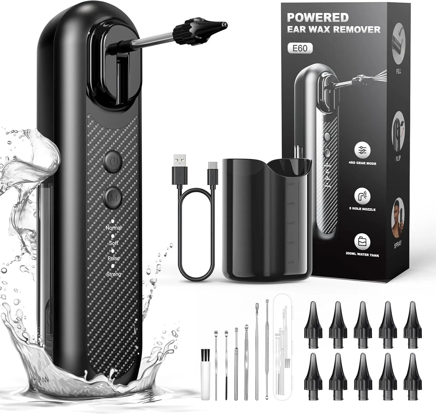 Electric Ear Wax Removal, Upgraded Ear Irrigation Flushing System, 4 Modes Water Powered Ear Wax Cleaner, Rechargeable Ear Cleaner with 7 Pcs Ear Pick Earwax Removal Kit