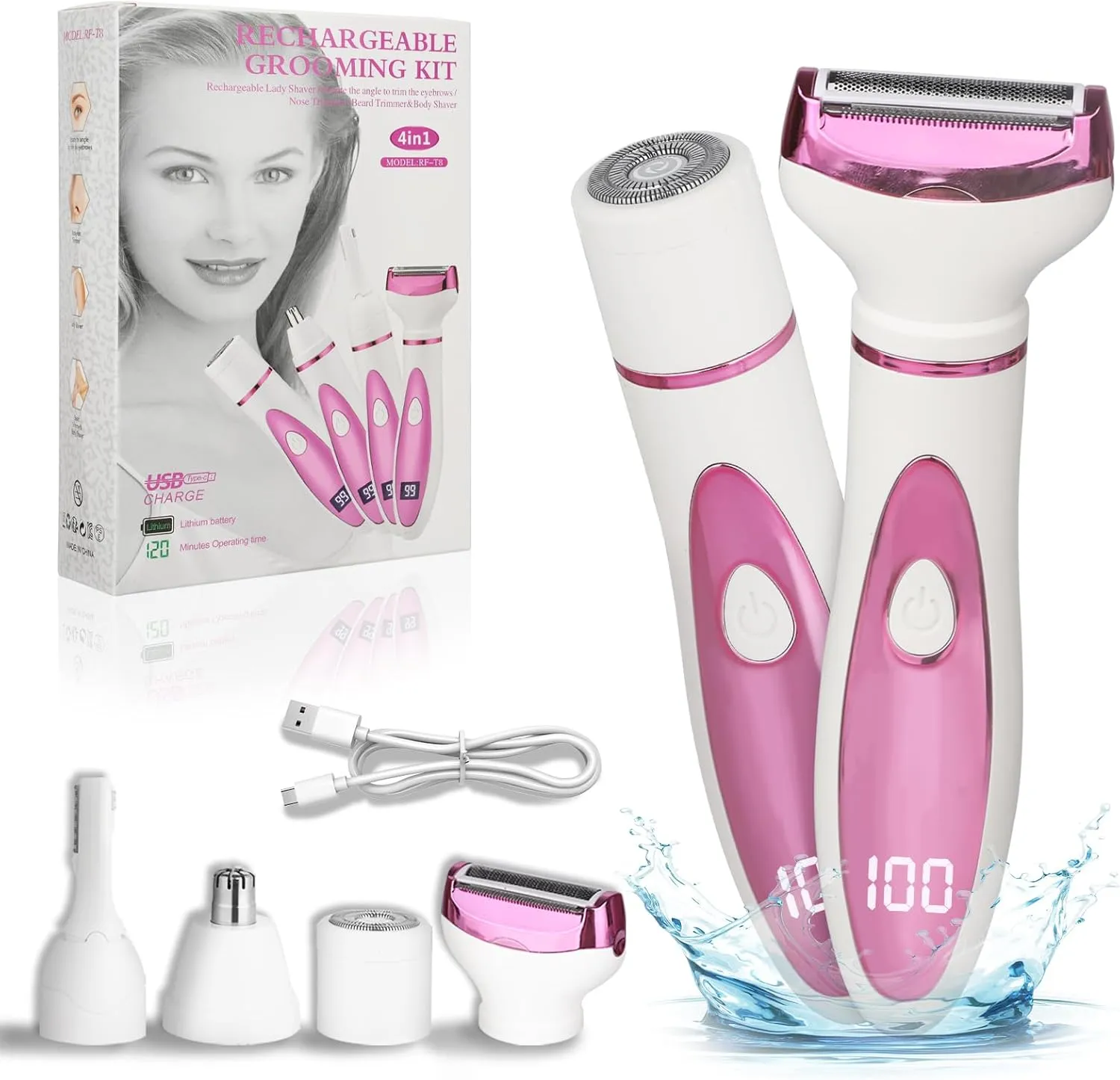 Electric Razor for Women Men,4 in 1 Painless Ladies Wet & Dry Body Razors and Facial Hair Remover,Rechargeable Led Display Hair Removal Kit for Nose Face Body Leg Bikini Arm Hair (Pink)