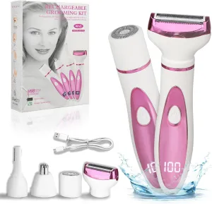 Electric Razor for Women Men,4 in 1 Painless Ladies Wet & Dry Body Razors and Facial Hair Remover,Rechargeable Led Display Hair Removal Kit for Nose Face Body Leg Bikini Arm Hair (Pink)