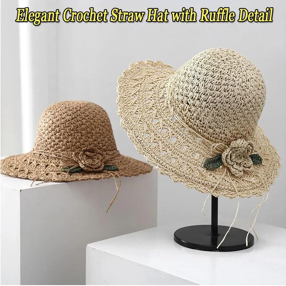 Elegant Crochet Straw Hat with Ruffle Detail Foldable Womens Straw Hats for Summer Vintage Ruffle Bowknot Straw Hat