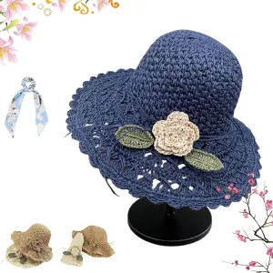 Elegant Crochet Straw Hat with Ruffle Detail Foldable Womens Straw Hats for Summer Vintage Ruffle Bowknot Straw Hat