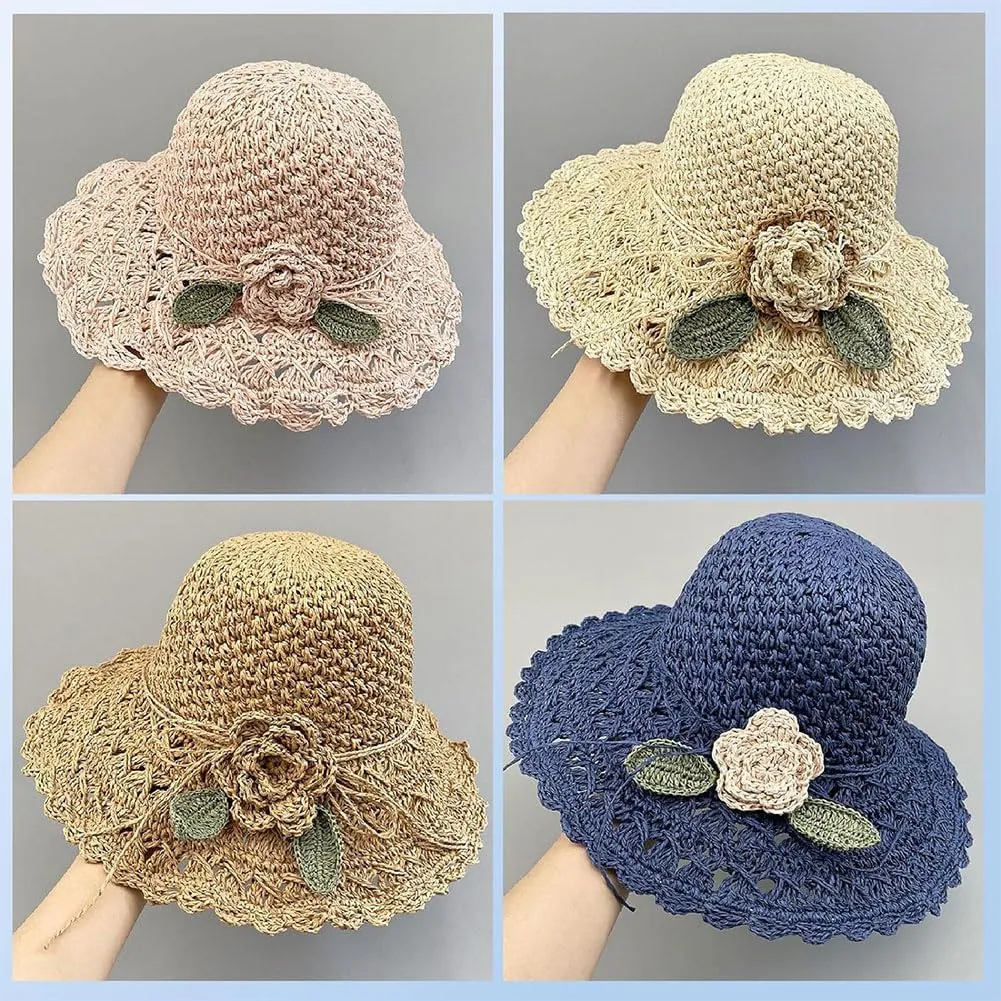 Elegant Crochet Straw Hat with Ruffle Detail Foldable Womens Straw Hats for Summer Vintage Ruffle Bowknot Straw Hat