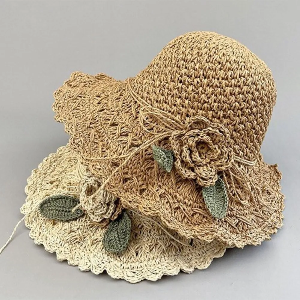 Elegant Crochet Straw Hat with Ruffle Detail Foldable Womens Straw Hats for Summer Vintage Ruffle Bowknot Straw Hat