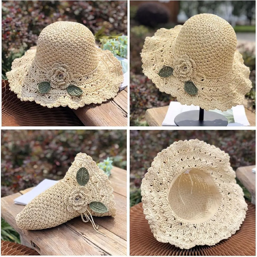 Elegant Crochet Straw Hat with Ruffle Detail Foldable Womens Straw Hats for Summer Vintage Ruffle Bowknot Straw Hat