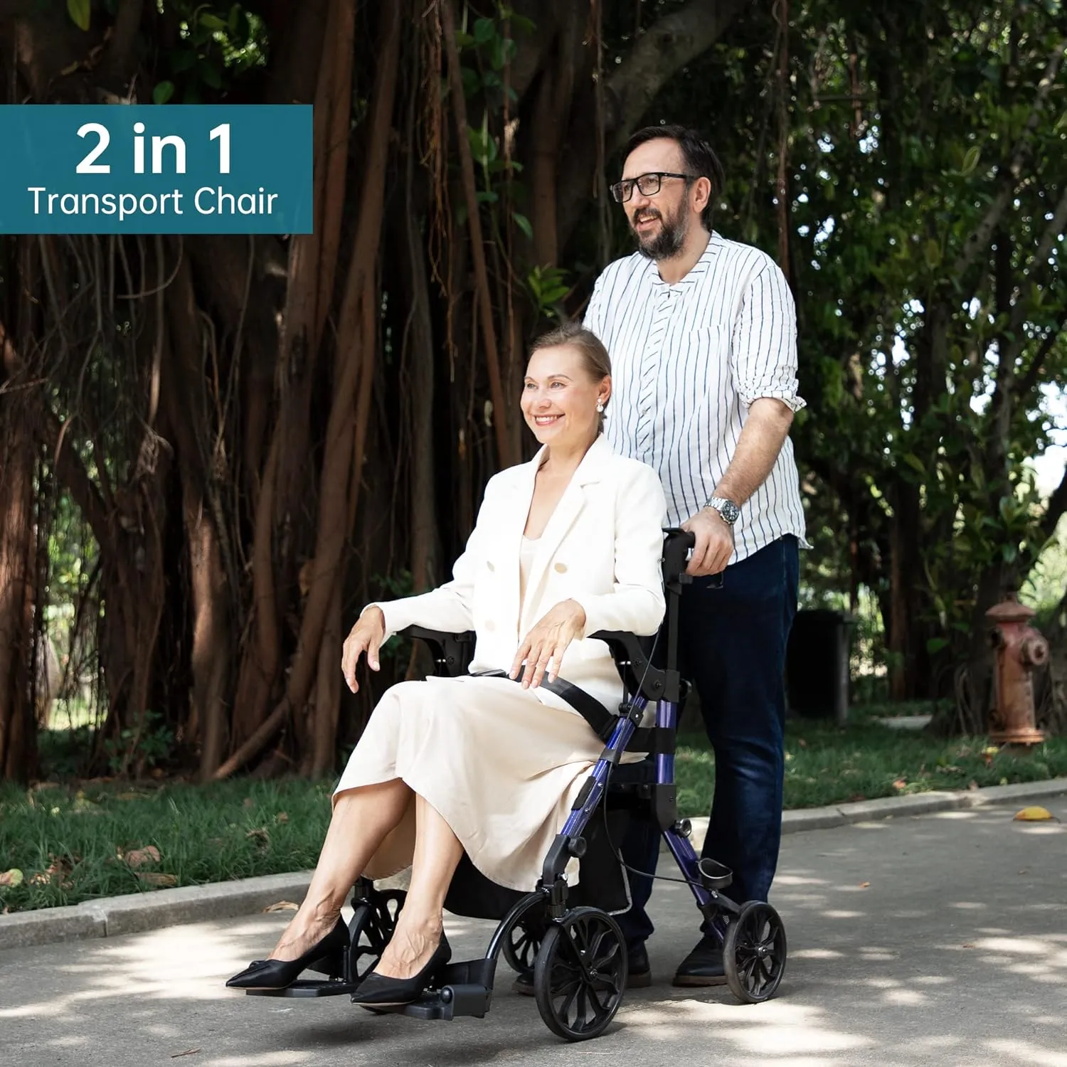 Elenker 2 in 1 Rollator Walker & Transport Chair, Folding Wheelchair Rolling Mobility Walking Aid with Seat Belt, Padded Seat and Detachable Footrests for Adult, Seniors (Blue)
