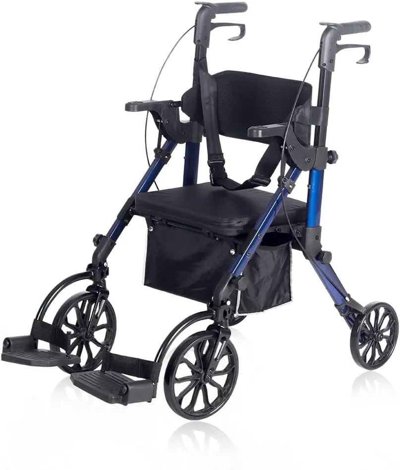 Elenker 2 in 1 Rollator Walker & Transport Chair, Folding Wheelchair Rolling Mobility Walking Aid with Seat Belt, Padded Seat and Detachable Footrests for Adult, Seniors (Blue)