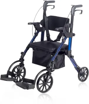 Elenker 2 in 1 Rollator Walker & Transport Chair, Folding Wheelchair Rolling Mobility Walking Aid with Seat Belt, Padded Seat and Detachable Footrests for Adult, Seniors (Blue)