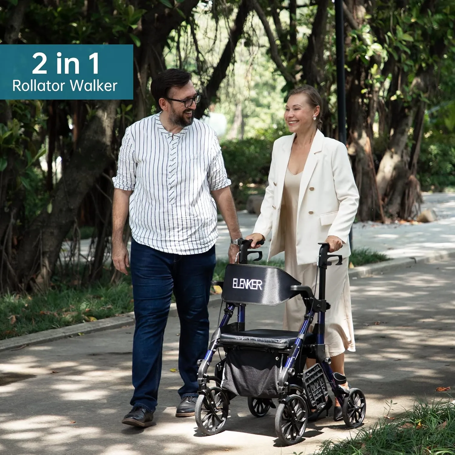 Elenker 2 in 1 Rollator Walker & Transport Chair, Folding Wheelchair Rolling Mobility Walking Aid with Seat Belt, Padded Seat and Detachable Footrests for Adult, Seniors (Blue)
