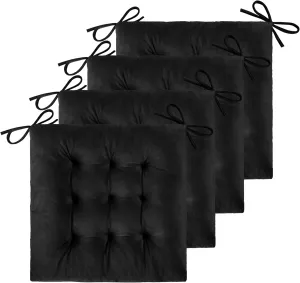 ELFJOY 4 Pack Chair Cushions for Dining Chairs Chair Pads Cushion for Kitchen Office Tufted Square Seat Cushion with Ties (16" Black Velvet)
