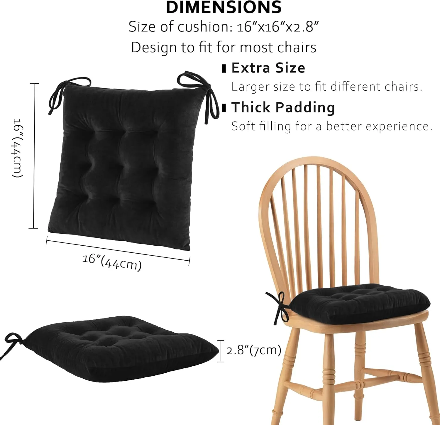 ELFJOY 4 Pack Chair Cushions for Dining Chairs Chair Pads Cushion for Kitchen Office Tufted Square Seat Cushion with Ties (16" Black Velvet)