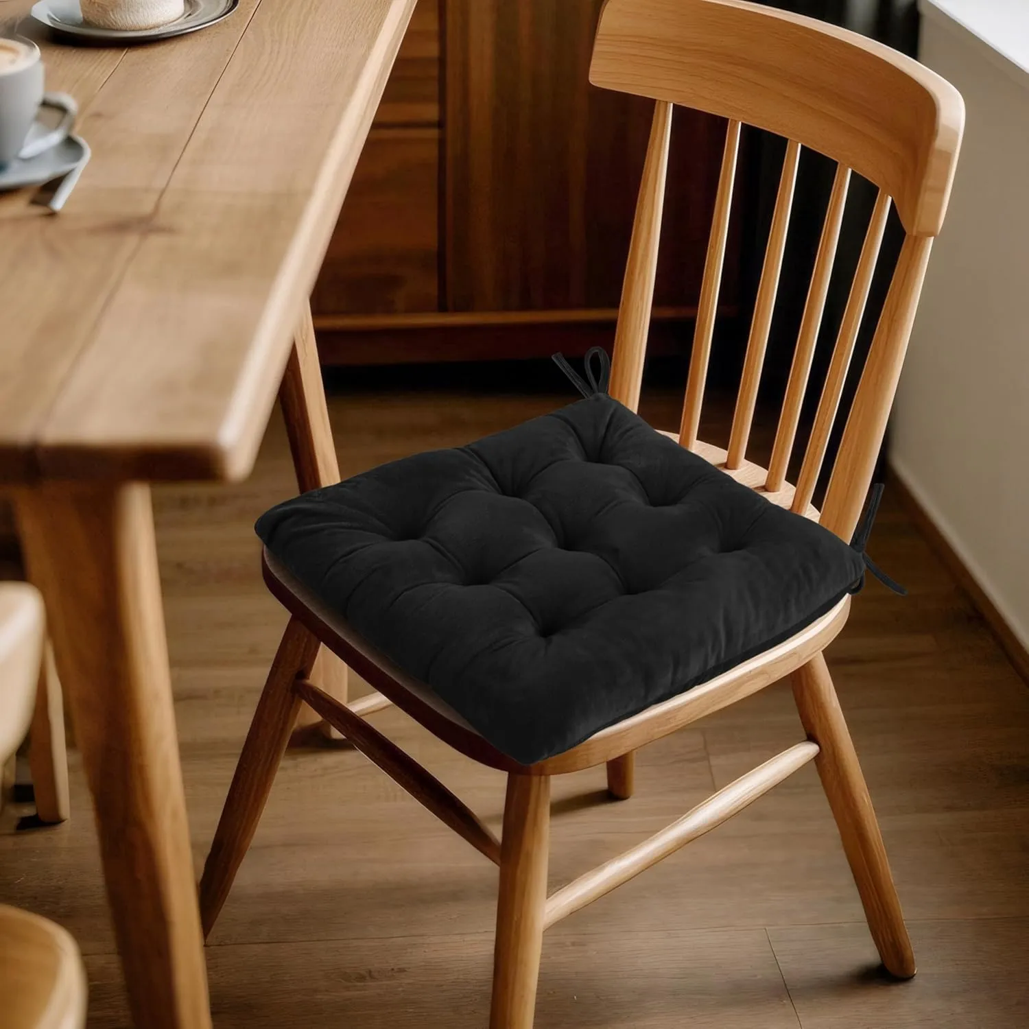 ELFJOY 4 Pack Chair Cushions for Dining Chairs Chair Pads Cushion for Kitchen Office Tufted Square Seat Cushion with Ties (16" Black Velvet)