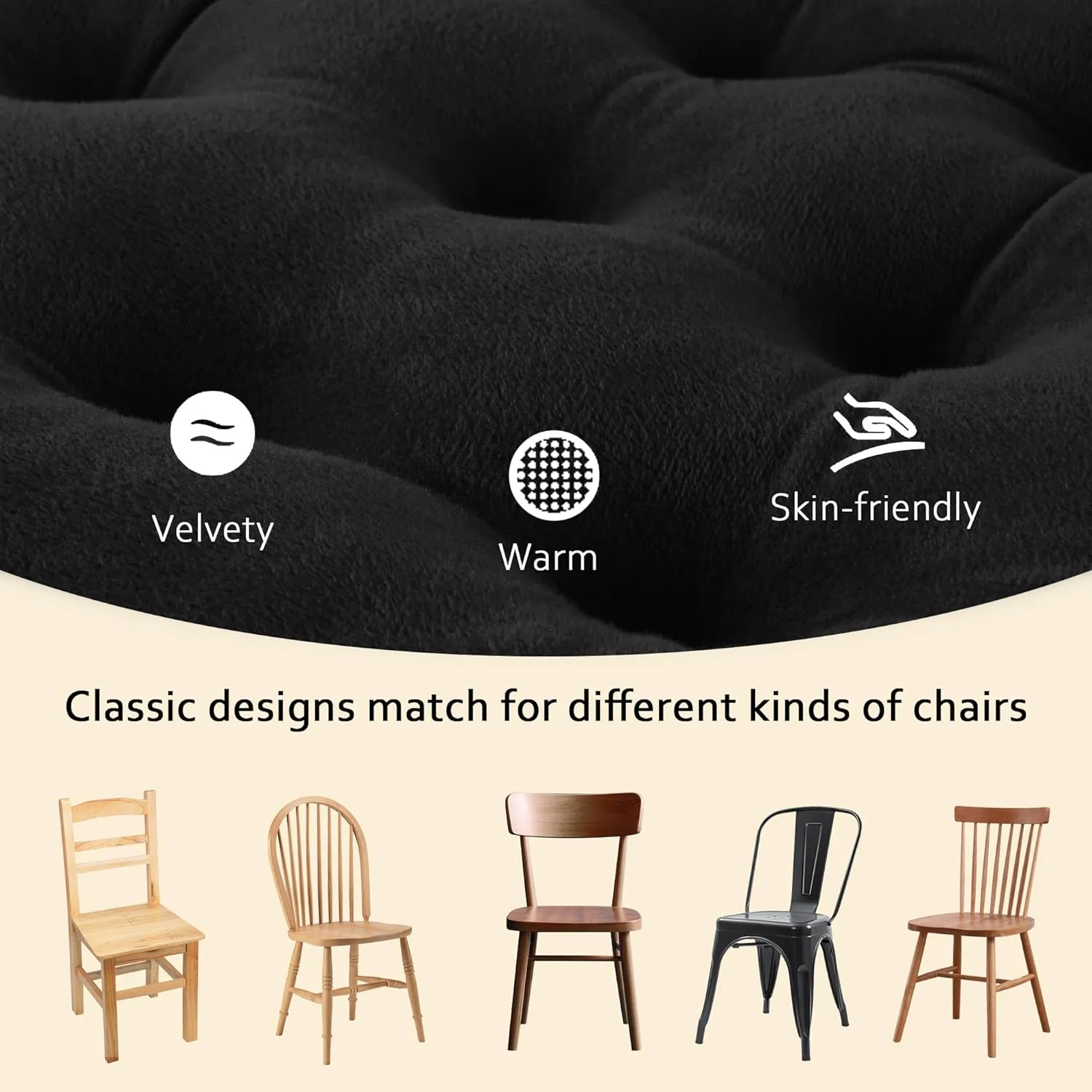 ELFJOY 4 Pack Chair Cushions for Dining Chairs Chair Pads Cushion for Kitchen Office Tufted Square Seat Cushion with Ties (16" Black Velvet)