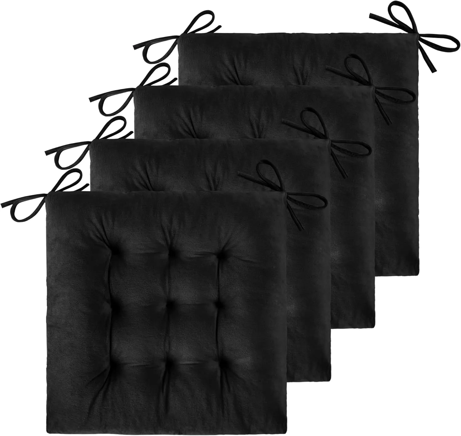 ELFJOY 4 Pack Chair Cushions for Dining Chairs Chair Pads Cushion for Kitchen Office Tufted Square Seat Cushion with Ties (16" Black Velvet)
