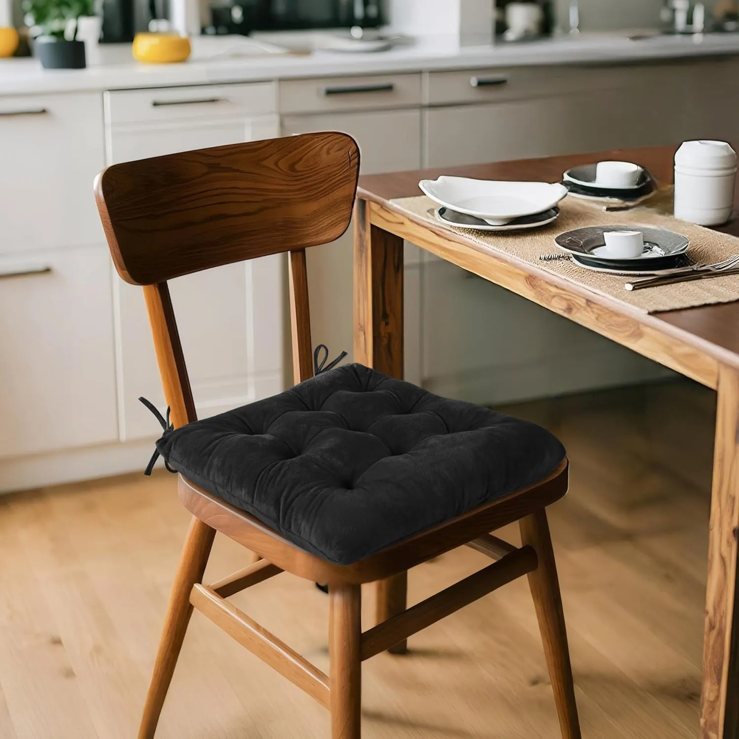 ELFJOY 4 Pack Chair Cushions for Dining Chairs Chair Pads Cushion for Kitchen Office Tufted Square Seat Cushion with Ties (16" Black Velvet)