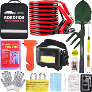 Emergency Car Kit - Premium Roadside Assistance Kit for Cars with Jumper Cables, Headlamp, Folding Shovel & Tow Strap All-in-One Vehicle Safety Kits for Winter, Travel, Survival (Men & Women)