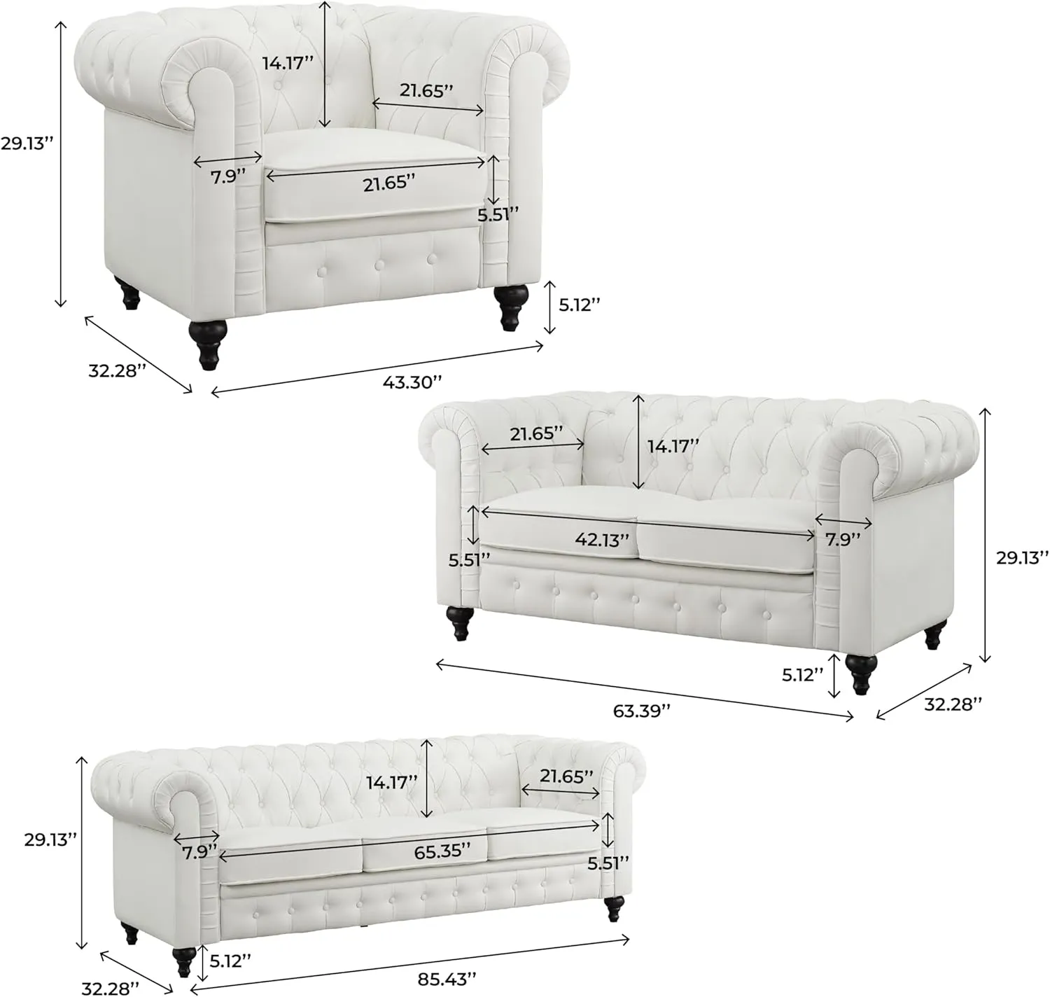 Emery Chesterfield 3 Piece Living Room Sectional Sofa Set Rolled Arms, Tufted Cushion Sofas for Living Room Set Includes Sofa, Loveseat Couch, Accent Arm Chair / Easy Tool-Free Assembly – Off White