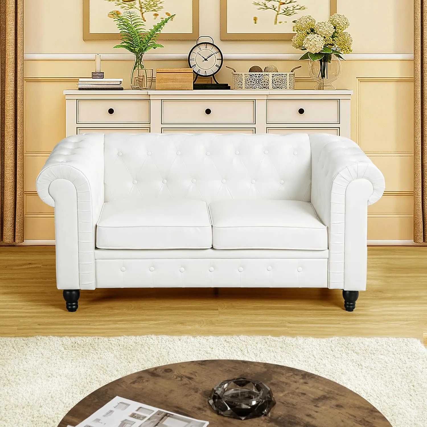 Emery Chesterfield 3 Piece Living Room Sectional Sofa Set Rolled Arms, Tufted Cushion Sofas for Living Room Set Includes Sofa, Loveseat Couch, Accent Arm Chair / Easy Tool-Free Assembly – Off White