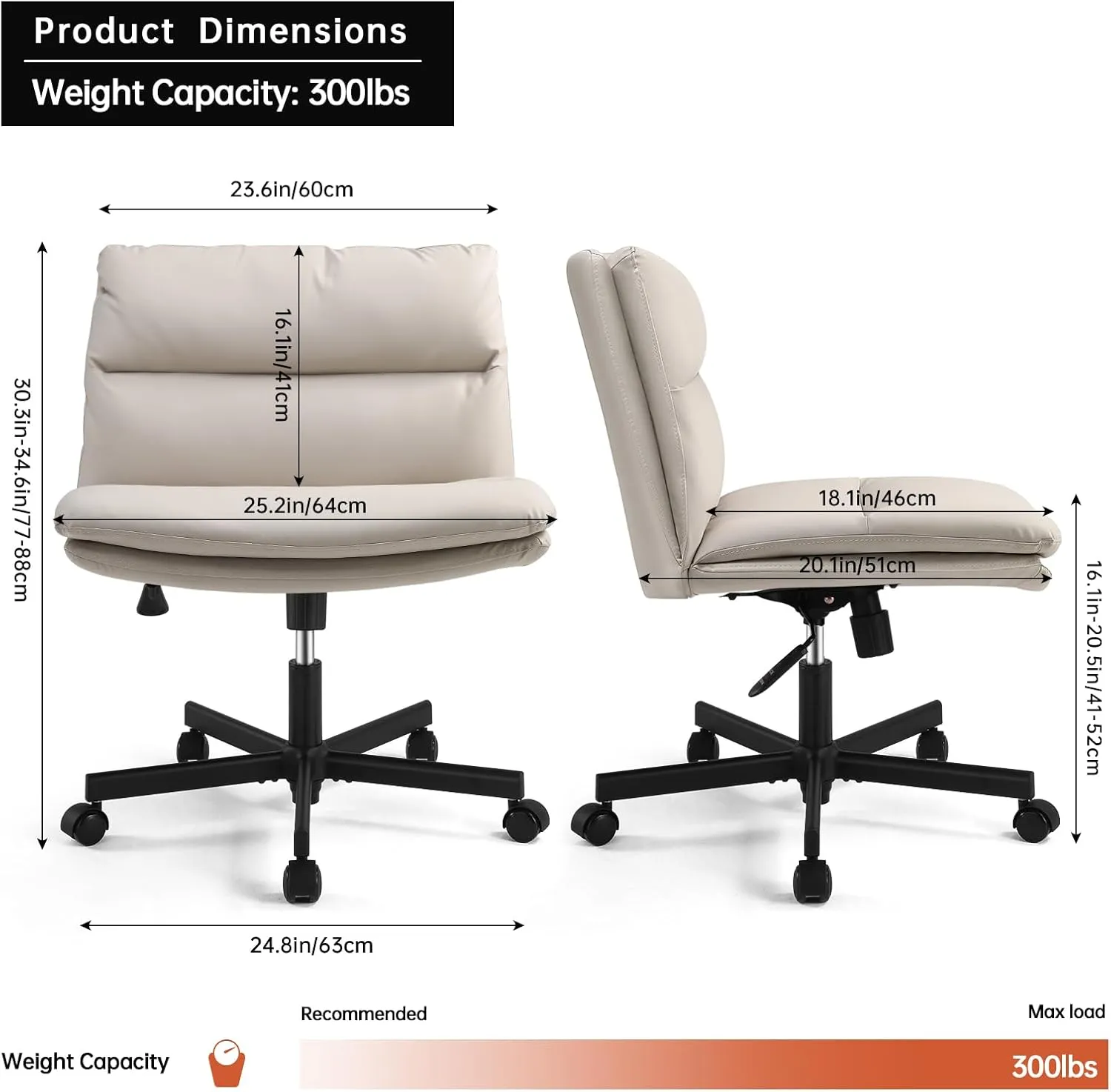 EMIAH Armless Office Desks Chair with Wheels PU-Padded Vanity Chair Mid-Back Ergonomic Home Office Computer Chair Comfortable Adjustable Swivel Task Chair with Thickened Cushion