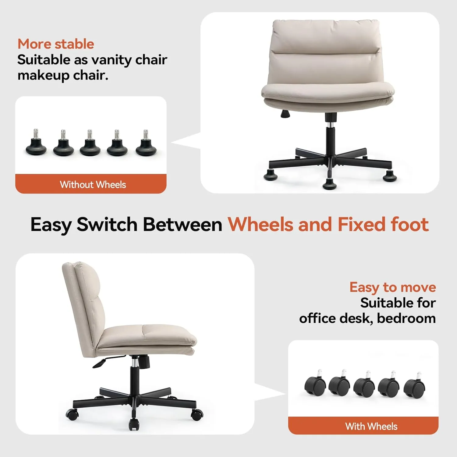 EMIAH Armless Office Desks Chair with Wheels PU-Padded Vanity Chair Mid-Back Ergonomic Home Office Computer Chair Comfortable Adjustable Swivel Task Chair with Thickened Cushion