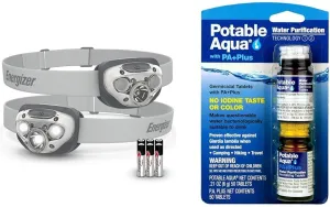 Energizer LED Headlamp PRO (2-Pack), IPX4 Water Resistant Headlamps, High-Performance Head Ligh & Potable Aqua Water Purification Tablets with PA Plus, Portable and Effective Solution for Camping