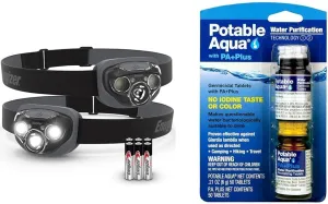 Energizer LED Headlamp PRO (2-Pack), IPX4 Water Resistant Headlamps, High-Performance Head Light & Potable Aqua Water Purification Tablets with PA Plus, Portable and Effective Solution