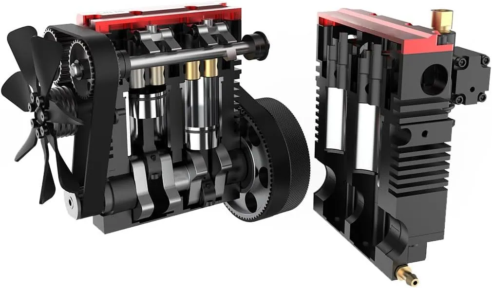 Engine Model Kit for Adults, ST-NF2 7cc Engine Kit L2 Mini Engine Assembly Kit, Inline 2-Cylinder 4-Stroke Metal Engine Model Kit Air Cooled Engine Motor Model Physics Gift, Red