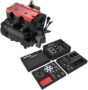 Engine Model Kit for Adults, ST-NF2 7cc Engine Kit L2 Mini Engine Assembly Kit, Inline 2-Cylinder 4-Stroke Metal Engine Model Kit Air Cooled Engine Motor Model Physics Gift, Red