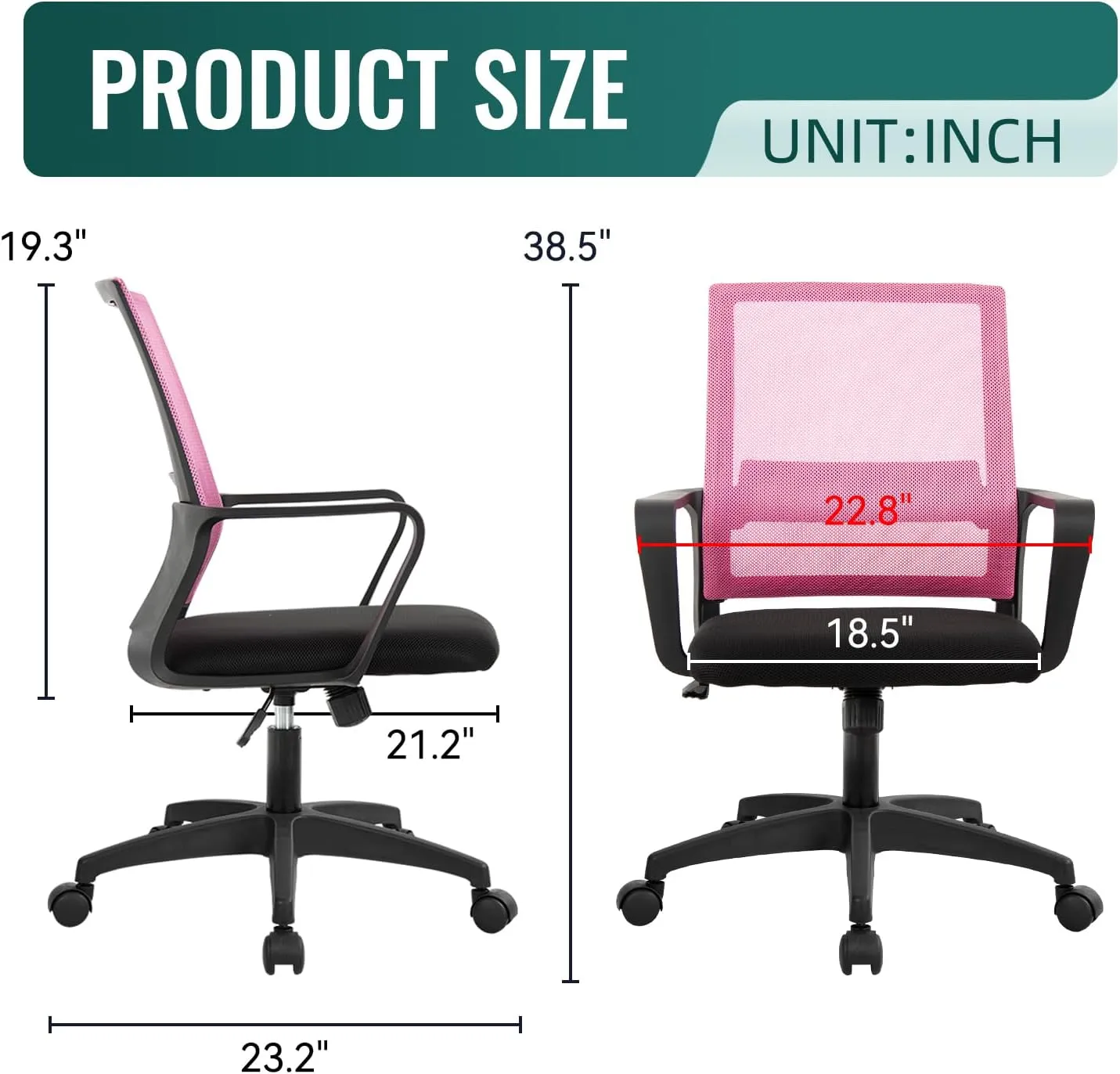 Ergonomic Desk Task Chair Mid-Back Mesh Home Office Swivel Chair Modern Executive Chair with Wheels Armrests Lumbar Support (Pink)