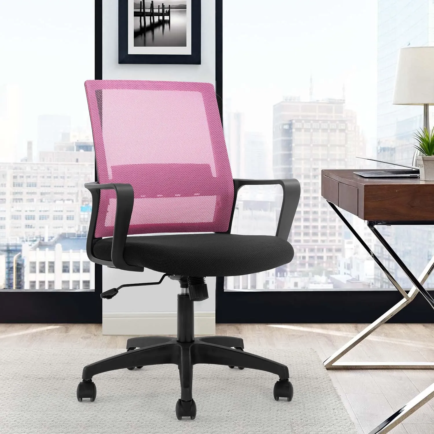 Ergonomic Desk Task Chair Mid-Back Mesh Home Office Swivel Chair Modern Executive Chair with Wheels Armrests Lumbar Support (Pink)
