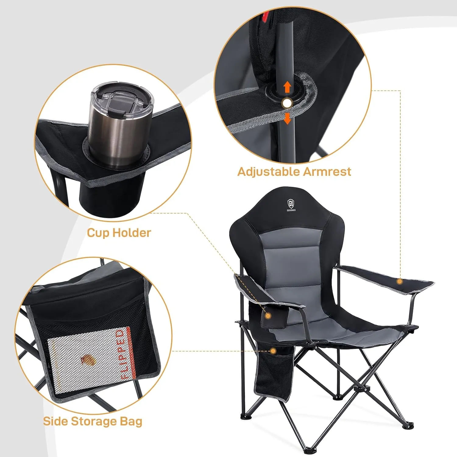 EVER ADVANCED Folding Camping Chair for Outside with High Back Padded Oversized Lawn Chairs Folding Lightweight Sturdy Steel Portable Outdoor Camp Chair for Adults